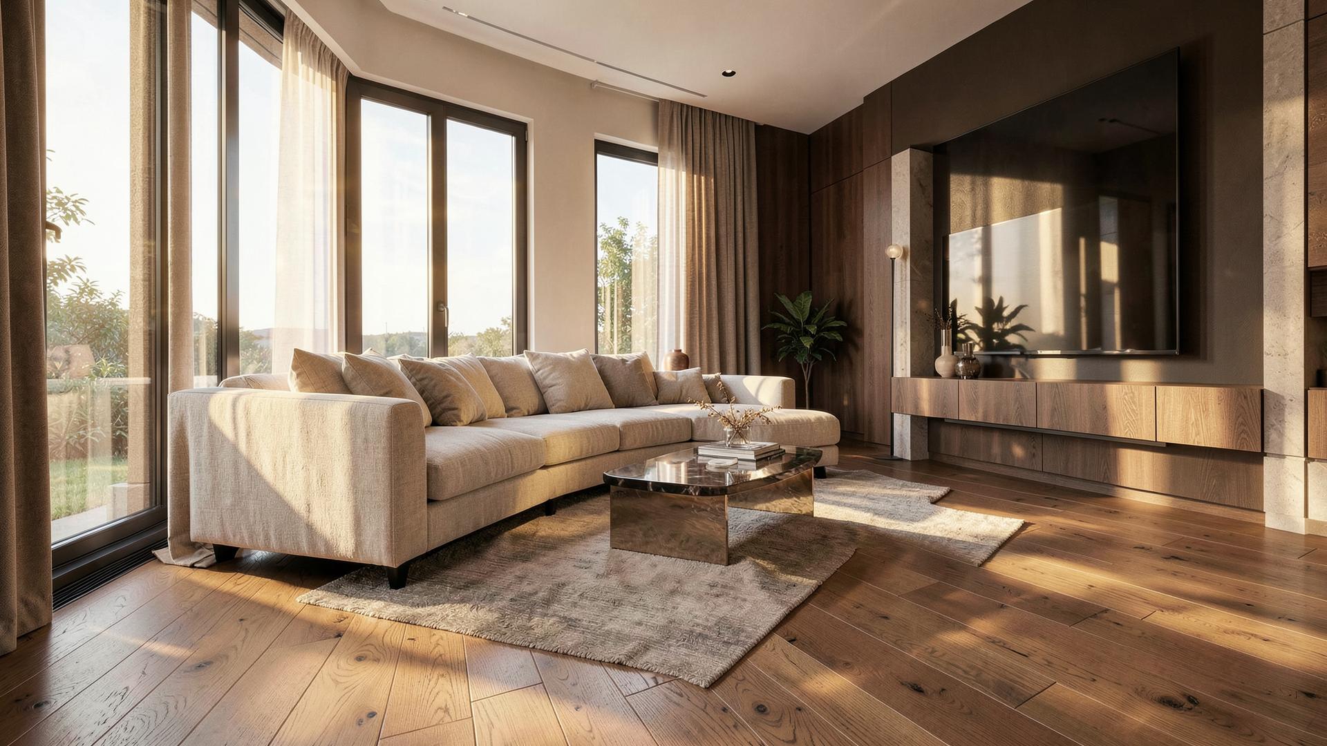 Warm, elegant living room with wide-plank oak flooring